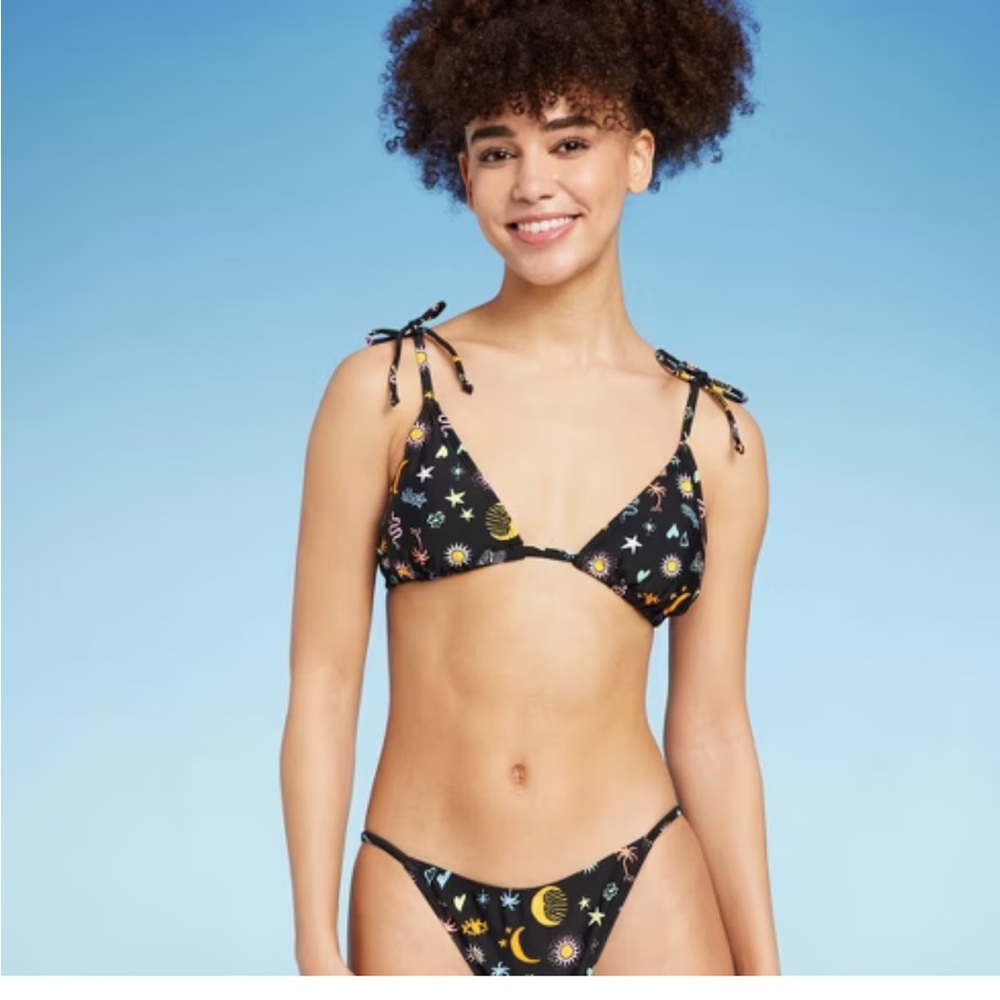Woman’s multi icon tie shoulder bikini top in black M